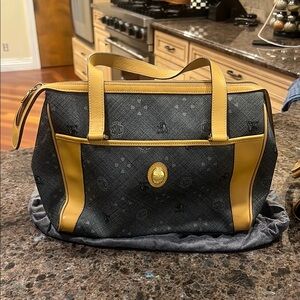 Mark Cross Gray and Yellow Structured Tote with Gold Emblem